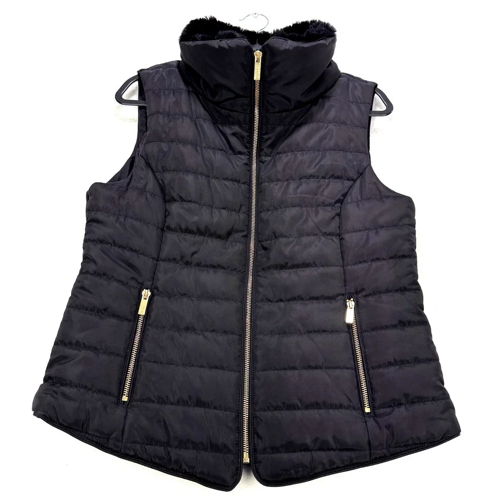 Guess Quilted Puffer Vest Women M Black Faux-fur Trim Gold-Tone‎ Full Zip